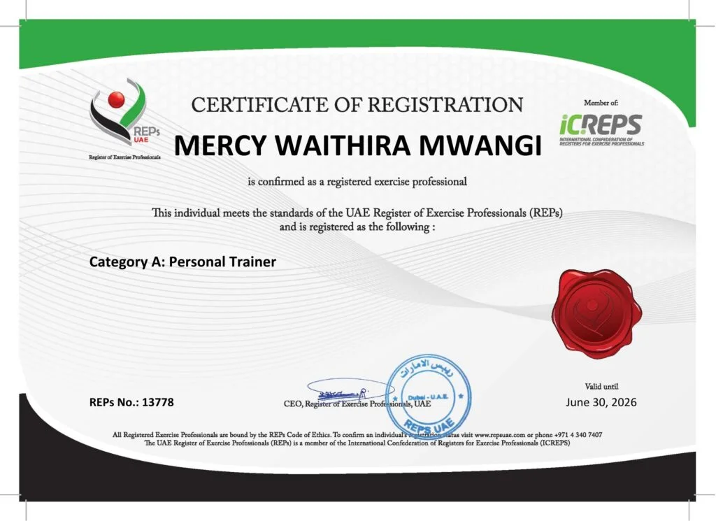 UAE REPS Certificate of Registration — Mercy Waithira Mwangi, Category A: Personal Trainer
